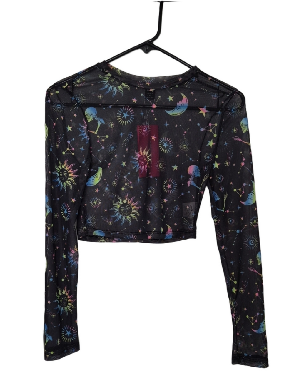 NWT SHEIN Black Sheer Celestial Print Long-Sleeve Mesh Crop Top Y2K